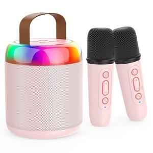 Iyoyo Mini Karaoke Machine for Kids Portable Bluetooth 5.3 Speaker Led Lights with 2 Wireless Microphones Karaoke Gifts for Girls Boys Adult Birthday Christmas Solid Metal Body (Pink)