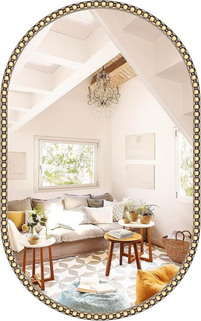 Gold Oval Mirror for Bathroom, 20"x33" Beaded Antique Brass Mirror for Wall Decorated, Champagne Bronze Vintage Vanity Mirrors for Bedroom Living Room Hallway Fireplace