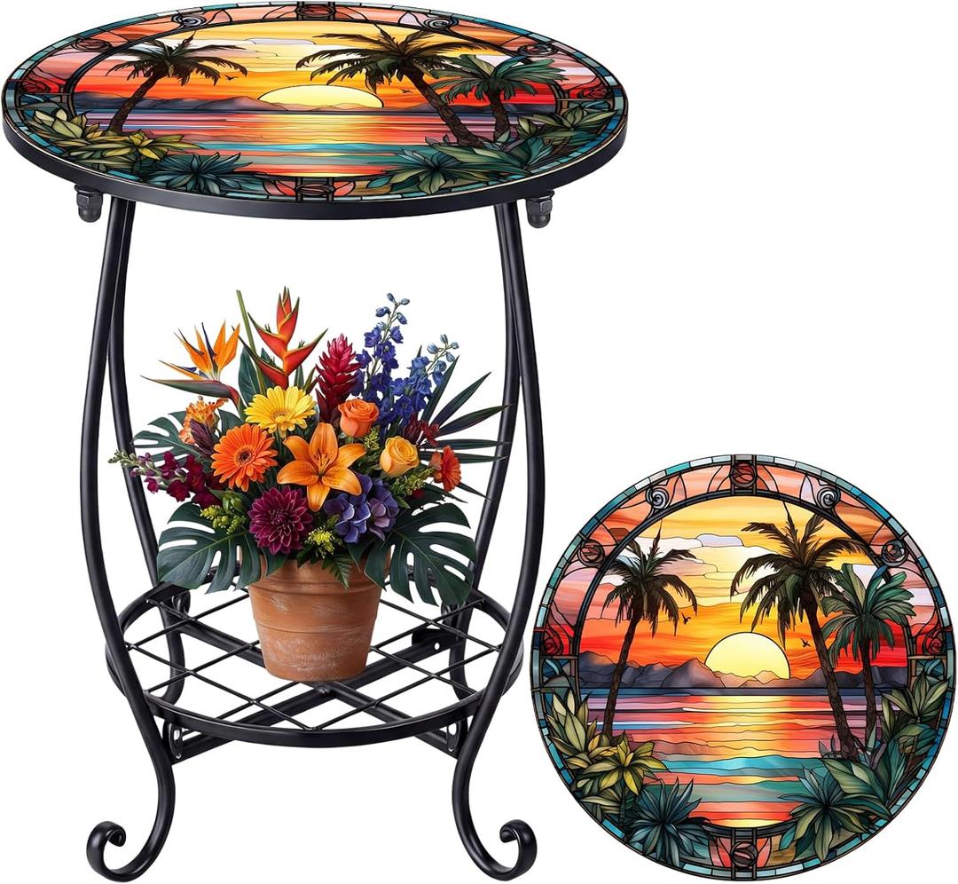 Cinnvoice Outdoor Side Table Round Small Mosaic Patio Accent Indoor End Plant Coffee Tea Table for Yard Patio Porch Garden Living Room, Bedroom(Palm Tree Style,14 Inch)