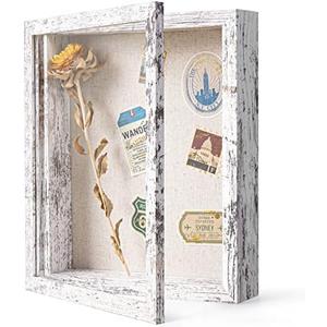 Califortree Outside 8x10 Shadow Box Frame with Linen Back - Real Glass, Push Pins Included, Sturdy Rustic Memory Display Case, Fits Photos or Items Under 6x8, Distressed White