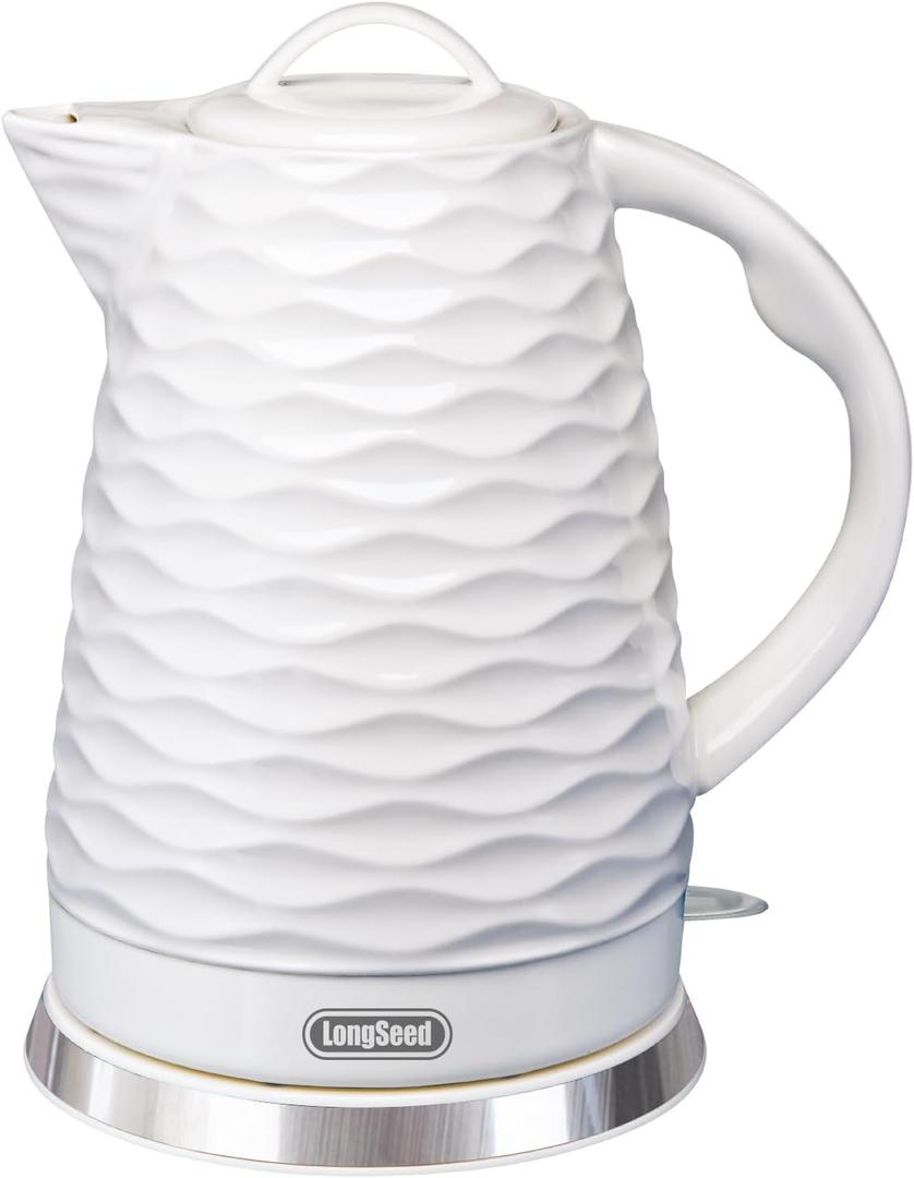 Ceramic electric kettle,1.5L/1000w, white electric tea kettle Automatic Shut-Off, BPA-Free, Boil-Dry Protection, suitable for coffee, tea, quick boiling, with wave texture design