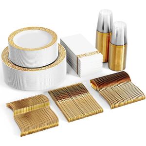 FOCUSLINE 350 Ct Gold Dinnerware Set for 50 Guests, Gold Lace Plastic Plates Disposable Heavy Duty, Including 50 Dinner & Dessert Plates, Cups, Napkins, Cutlery Set