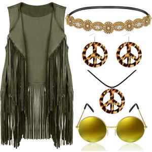Frienda 6 Pcs 60s 70s Outfit for Women Hippie Halloween Costume Set Peace Sign Earring Headband Fringe Vest Tassel Cardigan (X-Large, Army Green)
