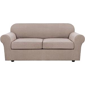 H.VERSAILTEX 3 Piece Stretch Sofa Covers for 2 Cushion Sofa Couch Covers for Living Room Furniture Cover (Base Cover Plus 2 Seat Cushion Covers) Thicker Jacquard Fabric(Large Sofa, Sand)