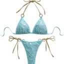 MakeMeChic Women's Sequin Bikinis Set Sparkly Halter Triangle Ring Linked Tie Side Bathing Suit, S