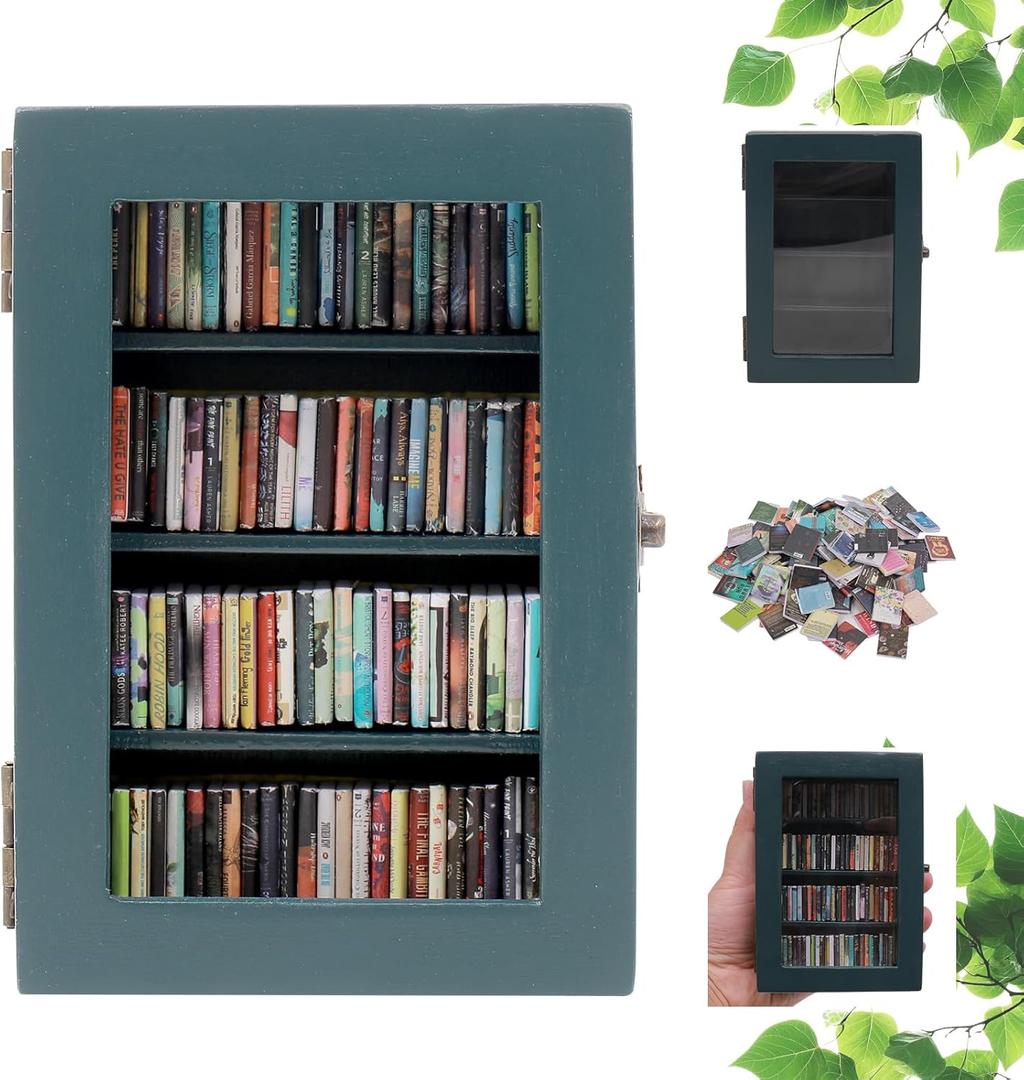 Anxiety Bookshelf Ornament With 100pcs Mini Books | Miniature Bookshelf Decor |Shake Away Your Anxiety Book Library | Mini Book Shelf for Doll House Home Office Decor (Blue)