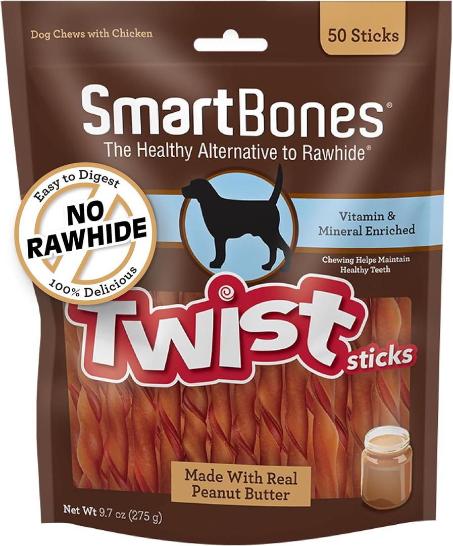 2 x SmartBones Smart Twist Sticks With Peanut Butter, Rawhide-Free Chews For Dogs, 50 Count (EXP 02/25/29)