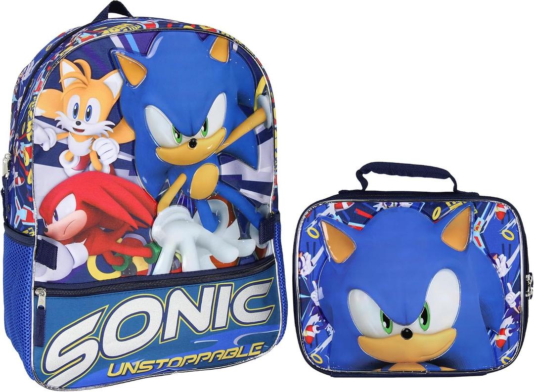 AI ACCESSORY INNOVATIONS Sonic The Hedgehog Tails And Knuckles Kids School Travel Backpack 2 Piece Set With Detachable Lunch Box, One Size