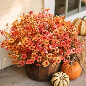 Artificial Fall Flowers Fake Mums for Outdoor Autumn Decoration, 12 Bundles Faux Silk Orange Yellow Mums Daisy Look Real UV Resistant for Outside Home Porch Patio Planter