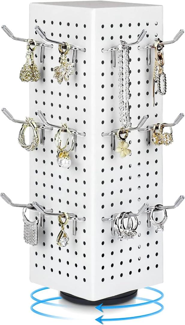White Rotating Pegboard Display Stand Pegboard Spinner Organizer(NO HOOKS), 4 x 4 x 12 Inches Four Sided Retail Display Racks Revolving Metal Display Turntable for Jewelry, Accessories, Crafts