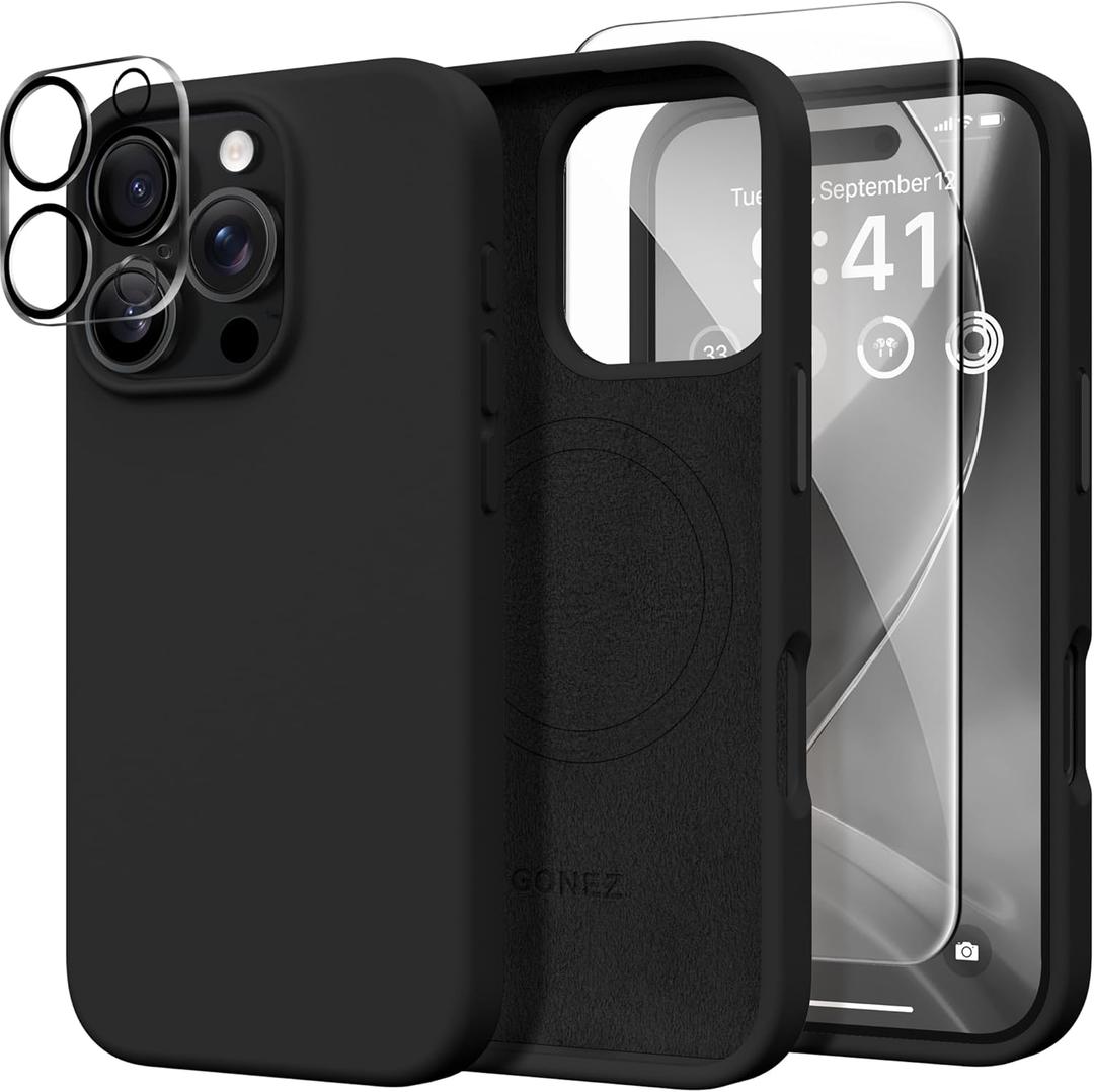 GONEZ Magnetic for iPhone 16 Pro Max Case, Compatible with MagSafe, Liquid Silicone Case, with Screen Protector + Camera Protector, Full Body Protective Shockproof Phone Cover 6.9", Black