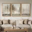 Large Framed Neutral Abstract Landscape Set of 3 Living Room Wall Art, Modern Misty Pine Forest Canvas Artwork for Walls, Beige Rustic Farmhouse Nature Wall Decor for Bedroom Hallway Office, 24x36 In, 24" W x 36" H x 3Pcs