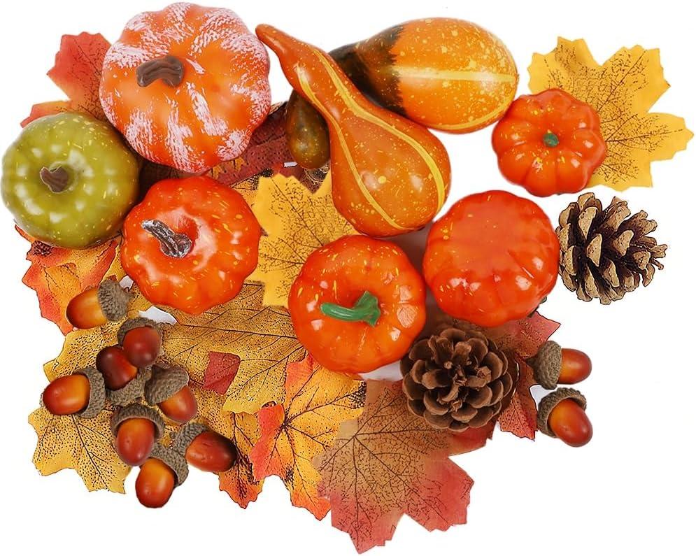 winemana Thanksgiving Fall Decorations for Home-6pcs Mini Pumpkins & 2pcs Gourds, 30pcs Leaves & 10pcs Acorns, 2pcs Pinecones Centerpiece Set-Harvest Decor for Table Mantel (Largest: 4.5" x 2.1")