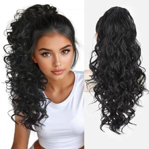 QGZ Ponytail Extension 20 Inch Claw Clip Ponytail Hair Extension Natural Synthetic Curly Wavy Hairpiece for Women Daily Use(Black)