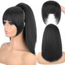 Ponytail Extension with Bangs for Black Women Yaki Straight Drawstring Ponytail with Bangs for Women Synthetic Hairpieces 16 inch Clip in Ponytail Extension for Daily Use(Natural Black)