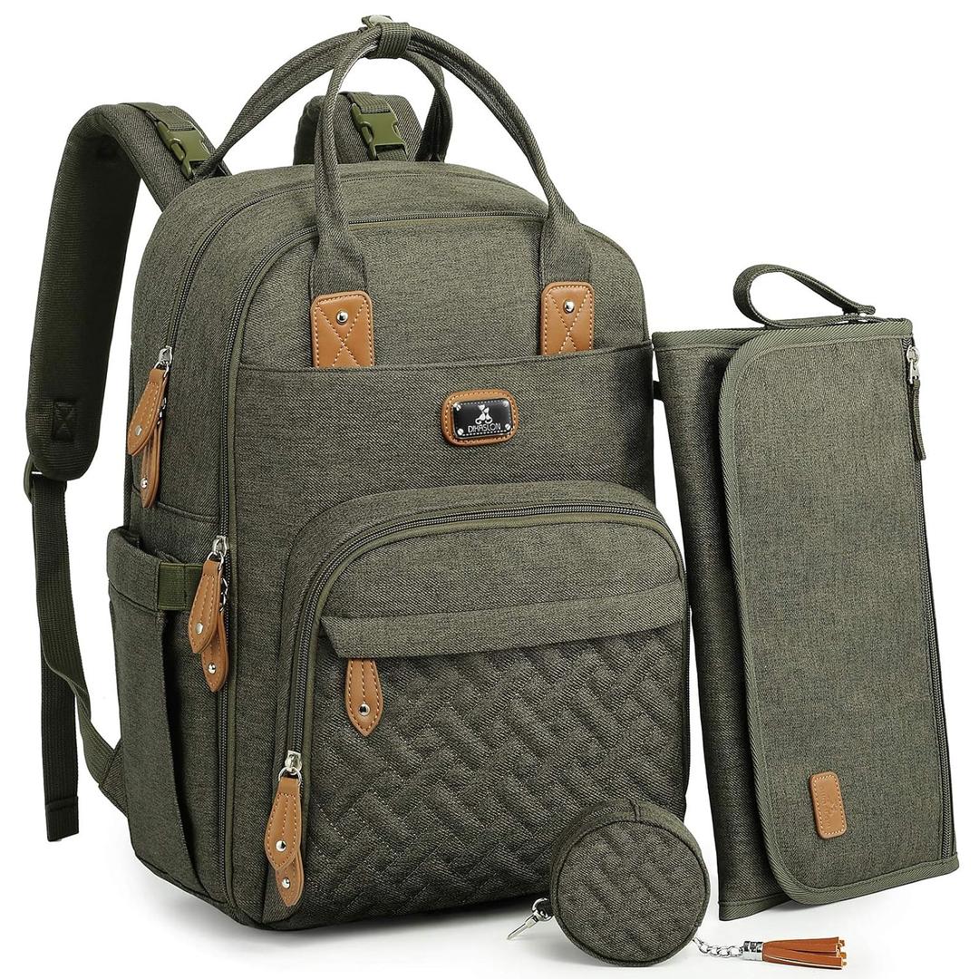 Dikaslon Diaper Bag Backpack with Portable Changing Pad, Pacifier Case and Stroller Straps, Large Unisex Baby Bags for Boys Girls, Multipurpose Travel Back Pack for Moms Dads, Army Green