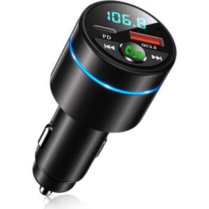 FM Transmitter for Car Bluetooth 5.3, [All-Metal] PD 30W & QC3.0 18W Fast Car Charger, Wireless FM Radio Car Kit Bluetooth Car Adapter, Noise Cancelling Hands-Free Call, Blue Light - Black