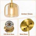 Pendant Lights 3 Pack,Pendant Kitchen Island Light with Amber Glass Shade,Gold Pendant Light Adjustable Hanging Light for Dining Room,Kitchen Island,Hallway,Living Room and Coffee Shop