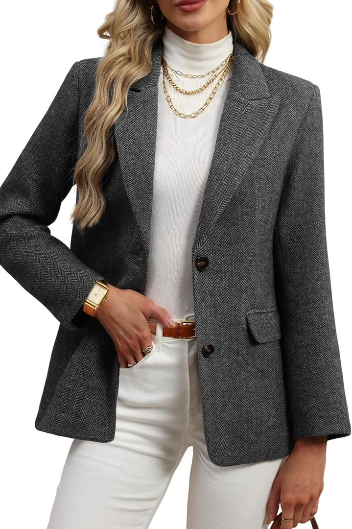 ELLEVEN Womens Wool Blend Tweed Warm Blazers Herringbone Business Casual Fall Winter Oversize Suit Jacket Small