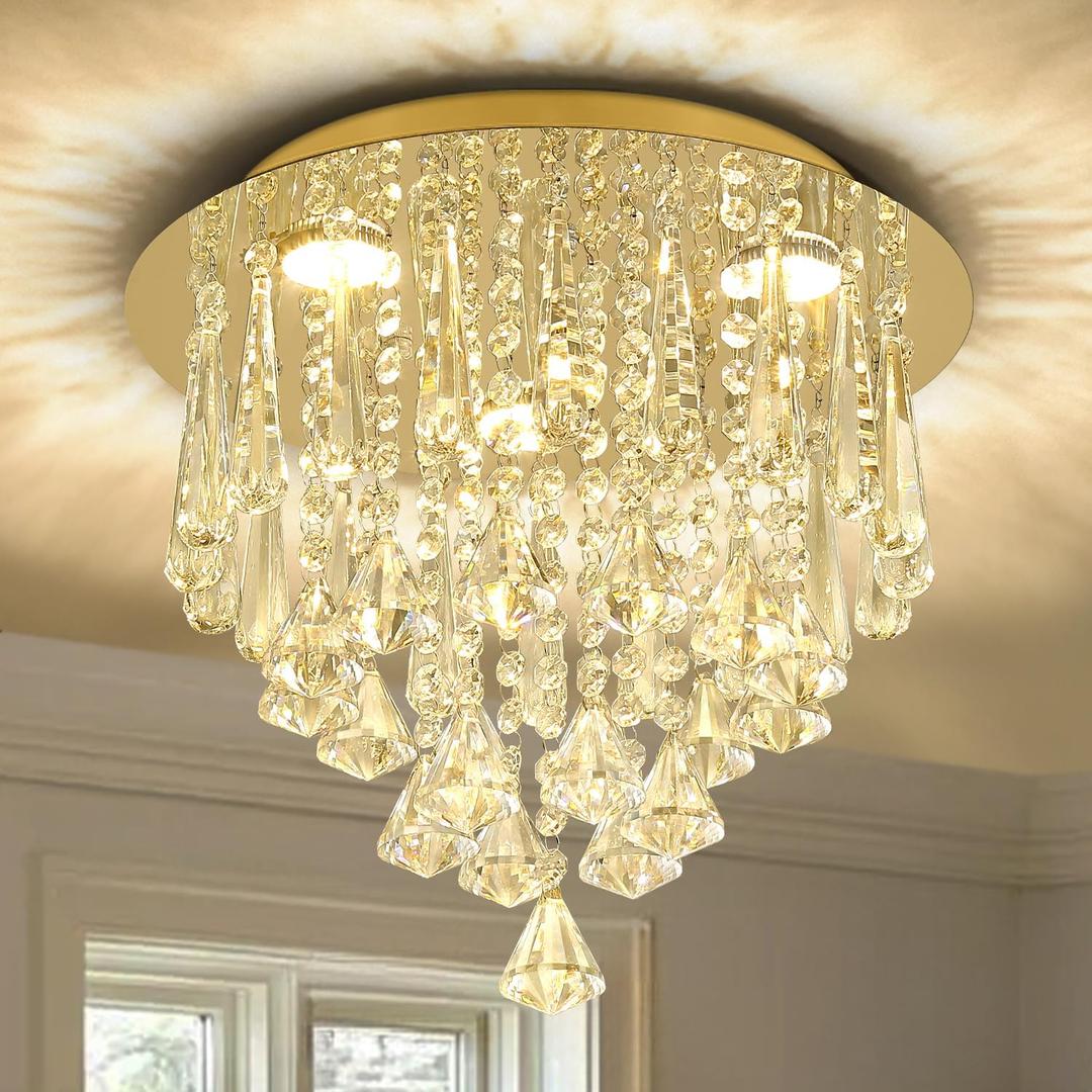 14" Gold Crystal Chandelier Modern Flush Mount Chandeliers Crystal Ceiling Light Fixture with 3-Color Dimmable for Living Room Bedroom Hallway