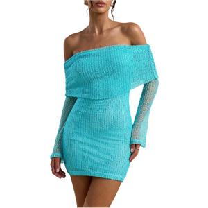 MakeMeChic Women's Off The Shoulder Bodycon Dress Mesh Long Sleeve Party Mini Dresses (Mint Green, Small)