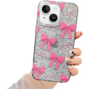 Cute Case for iPhone 13/iPhone 14 Glitter,Bling Clear Pretty Bow Tie Aesthetic Sparkly Cover,Ribbon Bowknot Soft Protective Phone for Women Girls (Pink, for iPhone 16)