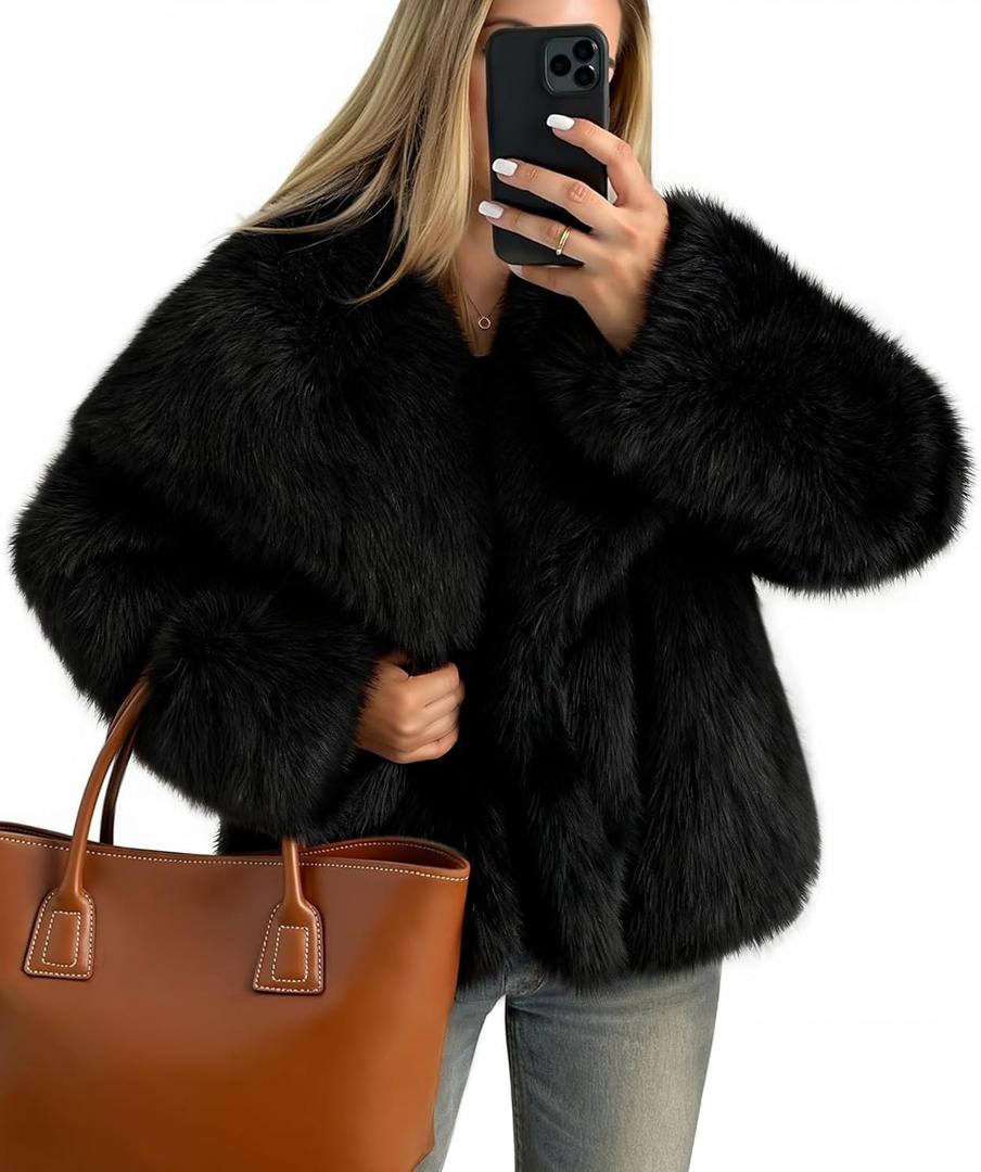 ZESICA Women's Winter Faux Fur Coats Fluffy Jacket 2026 Trendy Long Sleeve Lapel Shaggy Warm Outerwear with Pockets (Black) Small