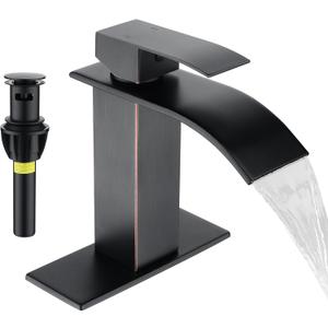 Fransiton Oil Rubbed Bronze Waterfall Bathroom Faucet Lavatory Single Handle 1 or 3 Hole Bathroom Sink Faucet Washbasin Faucet with Deck and Pop-up Drain (Short, Oil Rubbed Bronze)