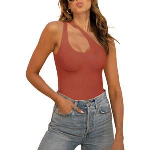 REORIA Butsmooth Women's Trendy Sexy Plunge One Shoulder Sleeveless V Backless Going Out Tank Bodysuits Tops, S