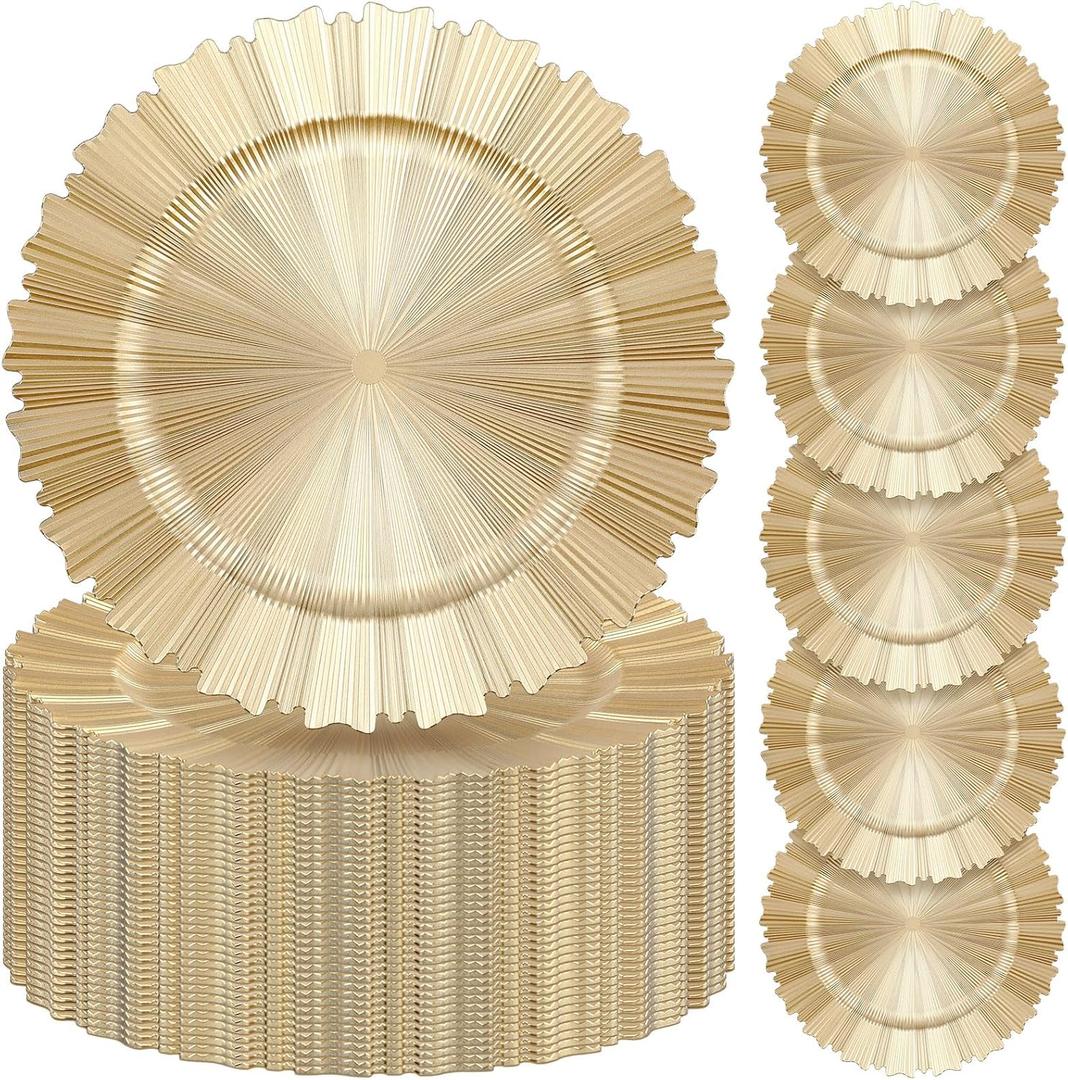 Mifoci 50 Pcs Champagne Gold Charger Plates Bulk 13 Inch Plastic Round Chargers Fluted Edge Dinner Plate Wedding Decoration for Table Setting Wedding Party Event Tabletop