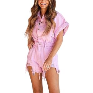 ChiyeeKiss Women's Distressed Denim Romper Short Cuffed Sleeve Jean Jumpsuit Collared Ripped Frayed Shortalls Overalls, Medium