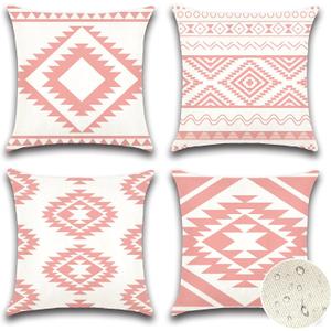 OTOSTAR Outdoor Waterproof Throw Pillow Covers 18x18 Inch Set of 4 Boho Farmhouse Outdoor Cushion Covers for Patio Funiture GardenGeometry80-Pink