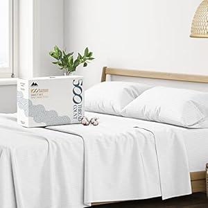 500 Thread Count Bed Sheets 100% Egyptian Cotton Striped Sheets Set - White Long-Staple Cotton Split King Sheet for Bed, Fits Mattress Upto 16'' Deep Pocket, Soft & Silky Sateen Weave Sheets