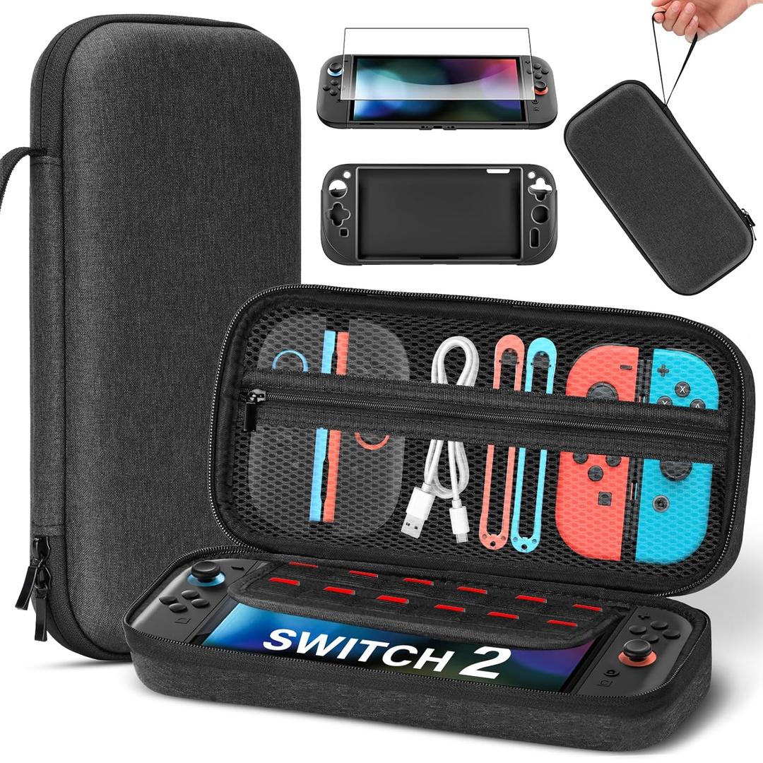 Kammkonb Switch 2 Carrying Case for Nintendo Switch 2 (2025) Hard Shell Travel Case with Screen Protector, Silicon Protective Cover - Portable Travel Bag for Switch2 Console and Accessories - Black