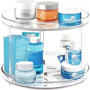 2 Tier Lazy Susan Bathroom Organizer, 9.25Inch Clear 360 Rotating Makeup Organizer for Vanity, Skincare Organizers Perfume Organizer, Spice Rack Organizer for Cabinet- Home Organization and Storage