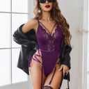 Avidlove Lingerie for Women Lace Lingerie Sets with Garter Belts One Piece Bodysuit Teddy No Stockings S-XXL (Purple, L)
