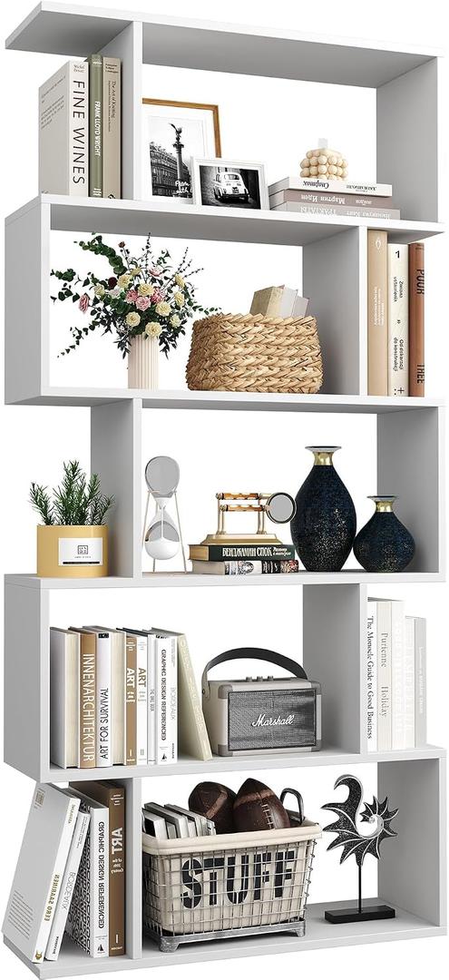 Yusong Bookshelf 5-Tier, Geometric Bookcase S Shaped Book Shelves for Bedroom, Modern Wood Decorative Display Shelf Book Case for Home Office, White, 27.8"W x 9.5"D x 61.8"H