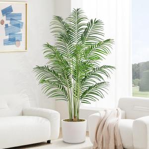 Artificial Palm Tree 6ft Tall Fake Palm Tree Indoor Decor with 18 Leaves and Real Bark Design Faux Tropical Areca Palm Silk Floor Plant in Pot for Home Office Living Room Bedroom Decor 1pcs