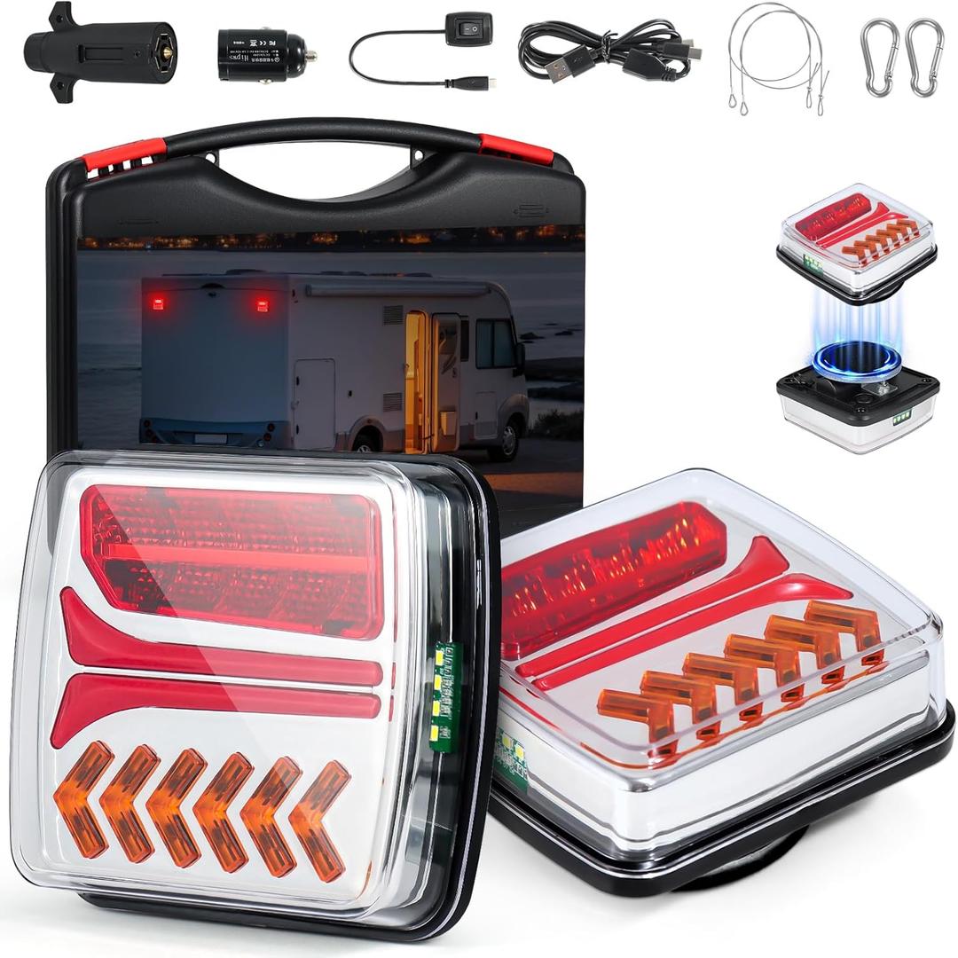 Upgraded Wireless Trailer Lights Magnetic, 2PCS Rechargeable LED Tail Lights for Trailer, Portable Waterproof Tow Beacon w/Brake Turn Signal Stop Taillight for Towing Truck RV Camper Caravan Boat