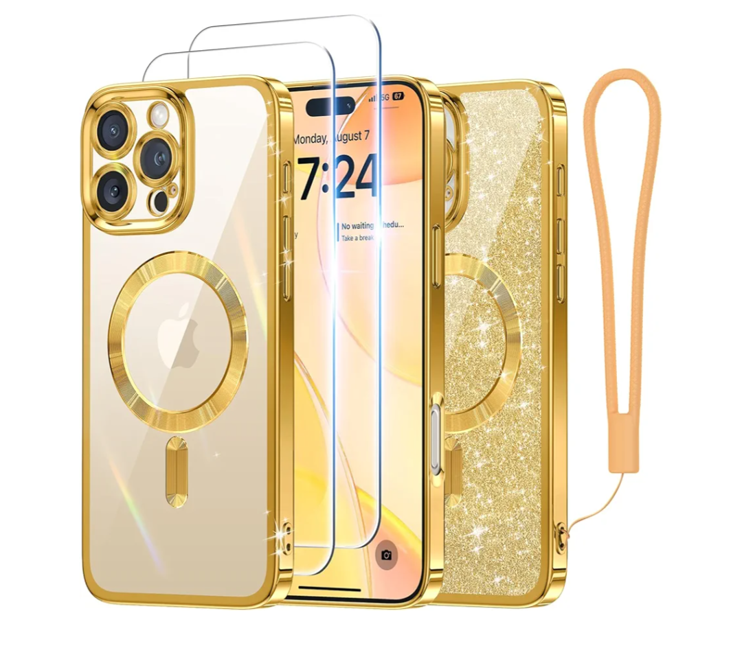 Meifigno Case Designed for iPhone 16 Pro 6.3 Inch, [Compatible with MagSafe] [2X Screen Protectors] [Glitter Card & Wrist Strap] Surround Lens Protection Designed for iPhone 16 Pro Case, Gold