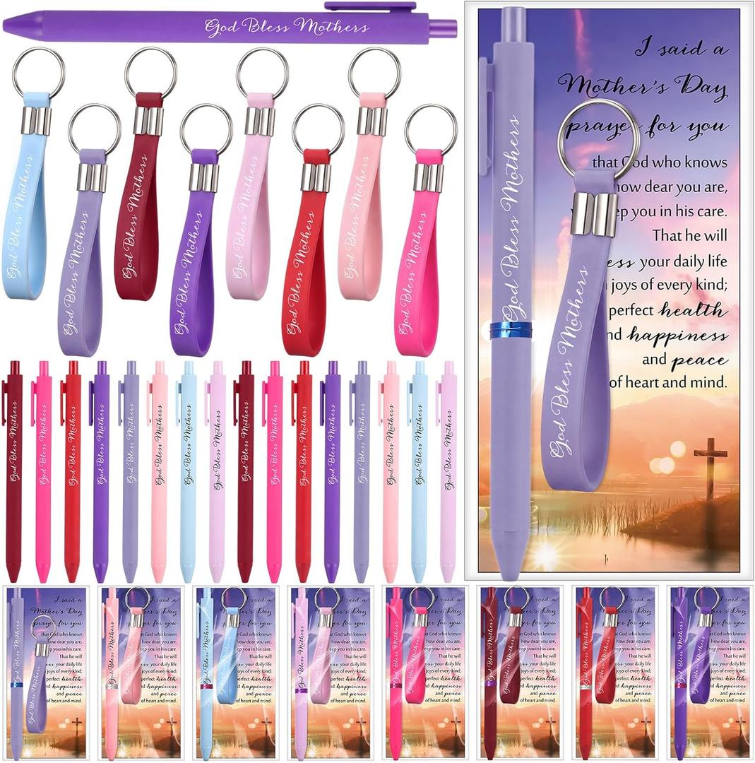 Resurhang 25 Set Mothers Day Christian Gifts for Church God Bless Mothers Pens 8 Color Ballpoint Pen Bible Verse Silicone Keychains Inspirational Card Religious Gifts For Women Members
