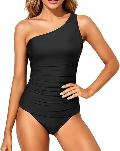 Tempt Me Two Piece Tankini Set Swimsuits for Women Tummy Control Bathing Suit One Shoulder Swimwear with Bikini Bottoms M