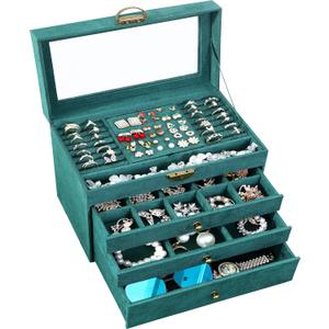 Large Jewelry Box for Women with Lock,4 Layer Glass Lid Jewelry Organizer with Drawers,Green Velvet Jewelry Storage Organizer Box for Bracelet Ring and Earring Jewelry Box with Sunglass Holder