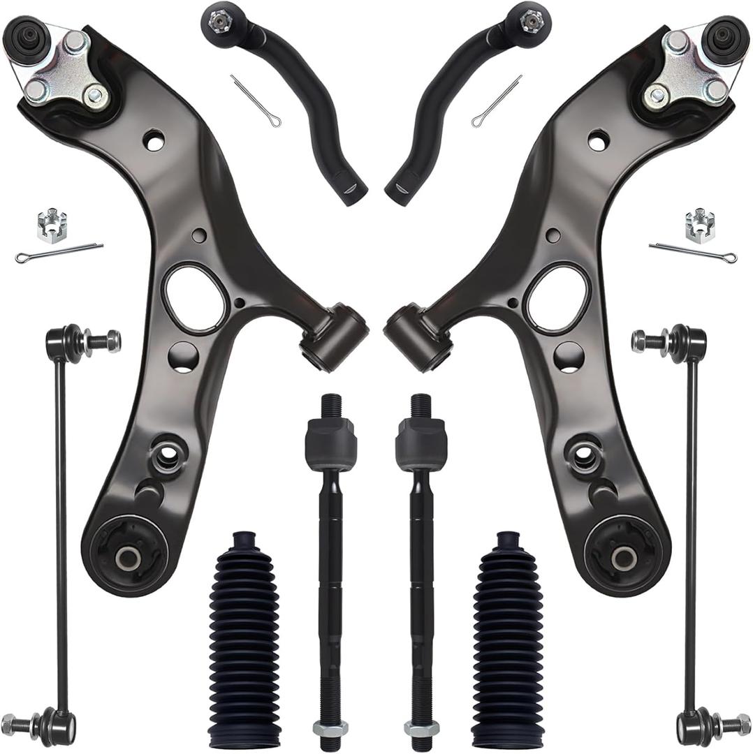 10Pcs Front Lower Control Arm Kit w/Ball Joint Fit For 2006-2011 2012-2018 To-yota RAV4, Outer Inner Tie Rod End, Sway Bar Link, Boots (OE# K620586 K620587 K750043 EV800328 ES800053 ES800054)