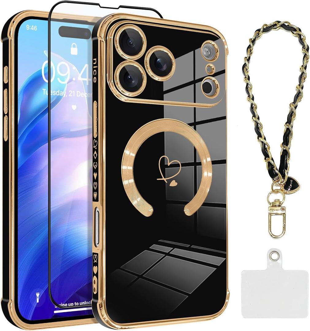 OOK Magnetic Phone Case iPhone 17 Pro Max 6.9 Inch [Compatible with MagSafe] Soft TPU Heart Phone Cover with Screen Protector Shockproof Protection Slim Case with Strap Lanyard for Women - Black
