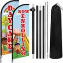 2 Set 7 ft Now Enrolling Day Care Feather Flag with Pole Kit and Ground Stake Weatherproof Polyester Now Enrolling Banner Marketing Sign for Schools Child Care Business Advertising