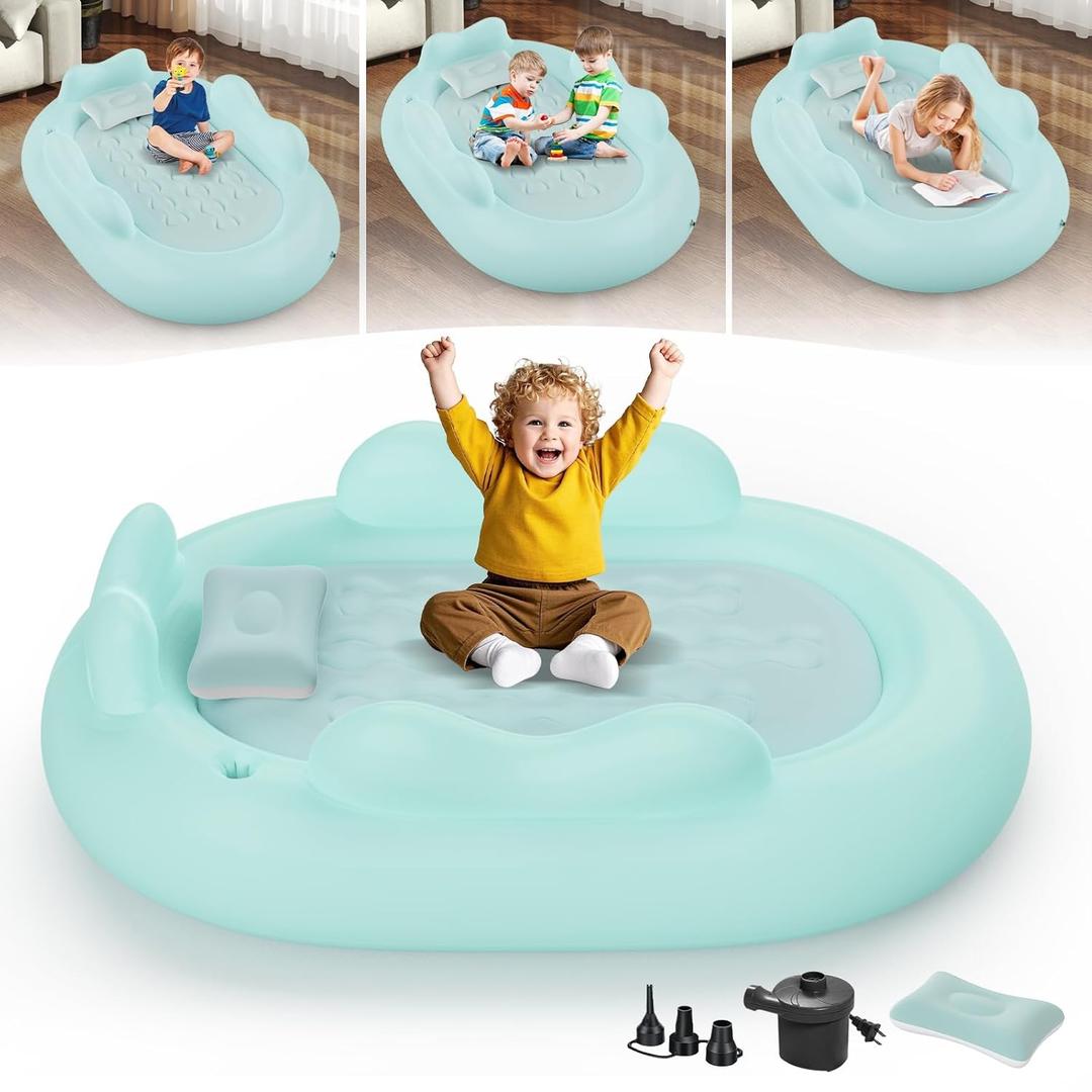 Inflatable Toddler Travel Bed - Blow Up Mattress for Kids with Waterproof Sheet Protector Portable Toddler Bed Baby Air Mattress with 3 Sides, Cozy Kids Air Mattress Set with High-Speed Pump (Green)