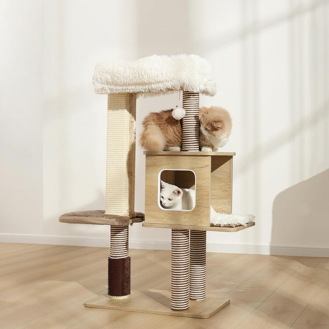 Cat Tree Tower, 41.7 in Wood Cat Condo with Sisal-Covered Scratching Posts and Plush Pom-pom, Multi-Level Climbing Cat Furniture with Jump Platform for Indoor Cats, Beige