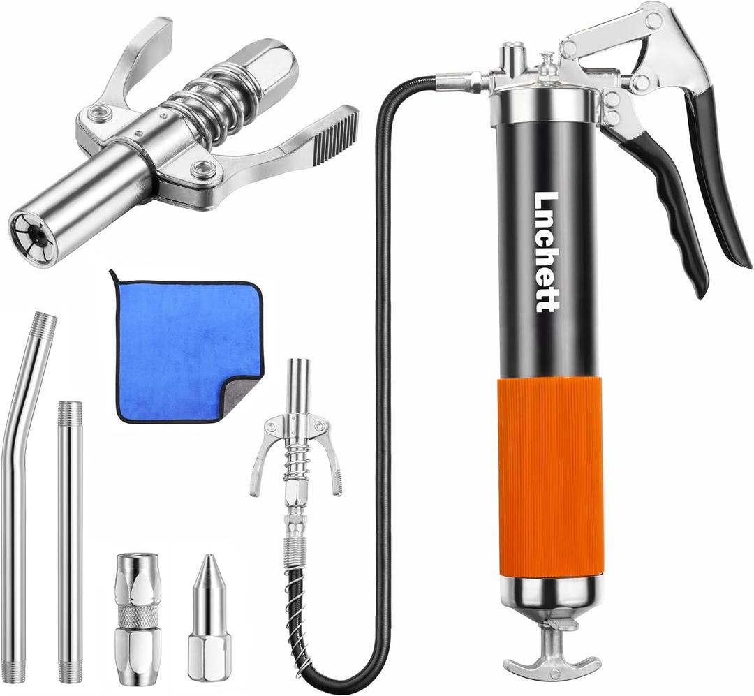 Grease Gun with Quick Release Coupler and Towel, 9000 PSI Professional Heavy Duty 14 oz Grease Gun with 18 Inch Spring Flex Hose, 1 Reinforced Coupler, 2 Extension Rigid Pipe and1 Sharp Nozzle