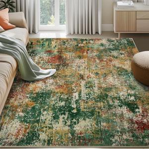 Washable Area Rugs 6'x9' Non-Slip Modern Abstract Soft for Living Room Entryway Bedroom Nursery, Print Pattern, Green Orange Rust Red Cream Colorful